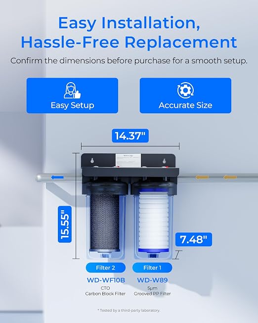 Waterdrop WHF21-BG 2-Stage Whole House Water Filter System, 5 Micron | Highly Reduces Chlorine, Taste, Odor, 5-Stage Filtration, with CTO Carbon Filter and Sediment Filter, 1" Inlet/Outlet
