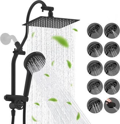 Hibbent cUPC Certified All Metal 8" Rainfall Showerhead Combo, High Pressure Shower Head with 10-Spray Handheld, Innovative 4-way Diverter with Pause Mode, 71'' Shower Hose & Holder, Matte Black