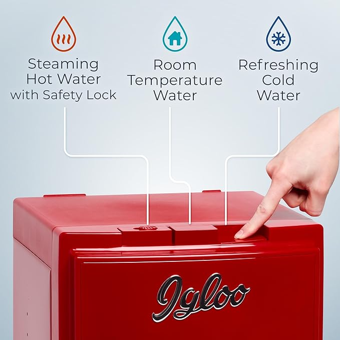 Igloo Retro Bottom Water Dispenser– Water Cooler Dispenser with Hot, Cold & Room Temperature Settings- Electric Water Dispenser Fits 3 & 5 Gallon Jugs with Child Safety Lock for Home & Office Use– Red