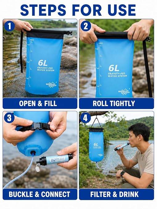 Gravity Water Filter System, TPU Water Purifier Bag, 0.01 Micron Ultrafiltration, 4000L Lifespan, BPA-Free Portable Water Filtration for Camping, Backpacking, Survival Gear (1.6 Gallon/6L)