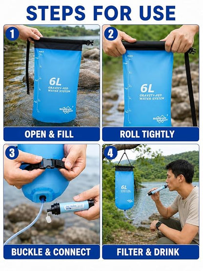 Gravity Water Filter System, TPU Water Purifier Bag, 0.01 Micron Ultrafiltration, 4000L Lifespan, BPA-Free Portable Water Filtration for Camping, Backpacking, Survival Gear (1.6 Gallon/6L)