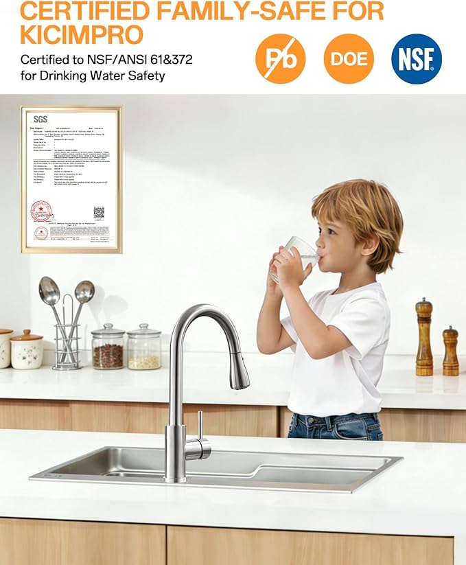 Kicimpro Kitchen Faucets with Pull Down Sprayer, NSF Certified Lead-Free 304 Stainless Steel Sink Faucet 1 Hole, Faucet for Kitchen Sink, Rv, Bar, Camper, Laundry, Easy Installation,Brushed Nickel