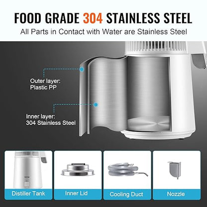 VEVOR Water Distiller, 1.1 Gal Distilled Water Machine, 750W Pure Water Distilling w/BPA Free Plastic Container, Water Distillation Kit w/Button, Countertop Distilled Water Maker for Home, White