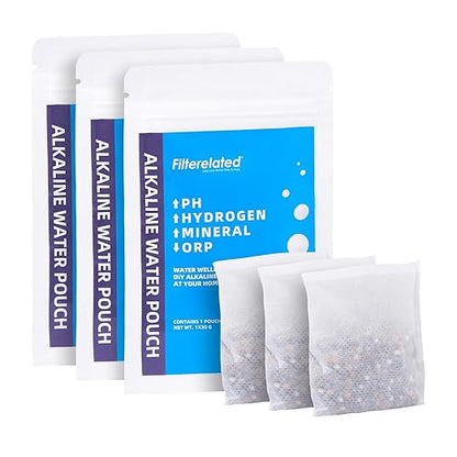Filterelated Alkaline Water Filter Pouch 30g, Raise pH to 9+, BPA-Free SGS Tested, Portable Water Filter for Home, Camping, Travel, Office, Long-Lasting 105 litres / 28 Gallons(3-Pack)