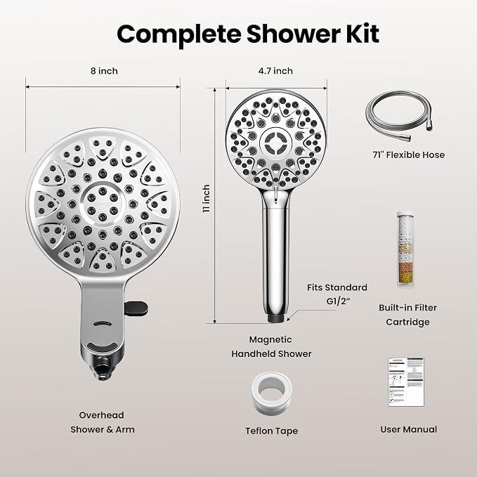 JOMOO Shower Head with Handheld Spray Combo, 7 Spray Settings Magnetic Showerhead with Filters for Hard Water, Magnetic Docking System, 71 inch Shower Hose, Chrome