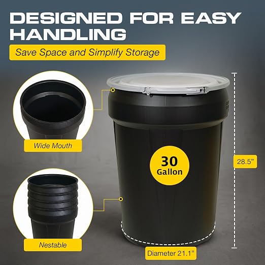 Eagle Plastic Drum, 30 Gallon Drum, DOT Compliant, Made in USA, Black | High-Density-Polyethylene Construction, Open Head Lab Pack Drum, Metal Lever-Lock Lid, Hazardous Material Storage, Transport