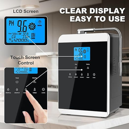 Alkaline Water Ionizer Machine for Home, 11 Titanium Plates pH 4.0-10.5 Up to -600mV ORP 10000 Liter Filter Life Acidic Water for Cleaning Countertop with Auto-Cleaning