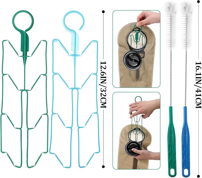Feekoon Reservoirs Backpack Accessories Hydration Bladder Cleaning Kit with Flexible Long Brush for Hose, Small Bite Valve and Big Brush, Drying Collapsible Bladder Frame, Carrying Pouch
