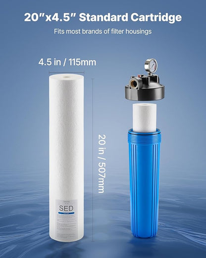 VEVOR Sediment Water Filter Cartridge, Universal Fit 20 x 4.5 Inch, 5 Micron SED Whole House Replacement Filter, 100,000 Gal Capacity, Reduces Sand, Rust, Dirt, and Particles, 2Pack