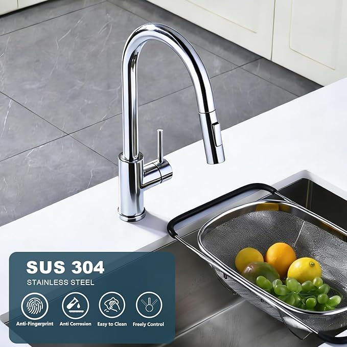 Tohlar Chrome Kitchen Faucets with Pull Down Sprayer, Single Handle Kitchen Sink Faucet Modern Staninless Steel Kitchen Faucet with Deck Plate