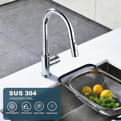 Tohlar Chrome Kitchen Faucets with Pull Down Sprayer, Single Handle Kitchen Sink Faucet Modern Staninless Steel Kitchen Faucet with Deck Plate