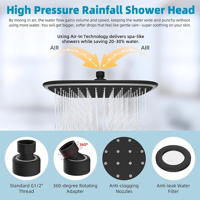 iFealClear Black Rain Shower Head with 12" Shower Extension Arm, 10" High Pressure Boosting Rainfall/Fixed Showerhead, All Metal Shower Arm Extender Adjustable Height/Angle, 1-Min Install-Easy Clean