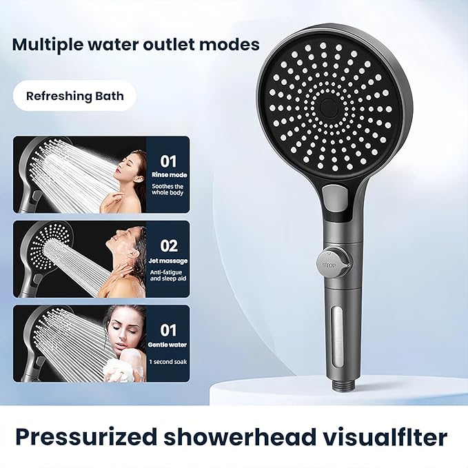 Filtered Handheld Shower Head with Hose and Holder, 5.1" Large High Pressure Shower Wand with 2 Extra Filters, Reinforced Matte Black Showerhead Set for Hard Water, 3 Spray Modes & One-Key Pause