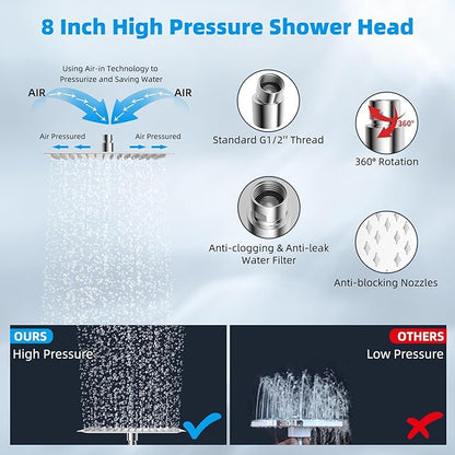 Hibbent All Metal Rain Shower Head, 8'' High Pressure Rainfall Square Showerhead with 16" Shower Head Extension Arm, Solid Brass Adjustable Shower Arm Extender, Waterfall Fixed Showerheads, Chrome