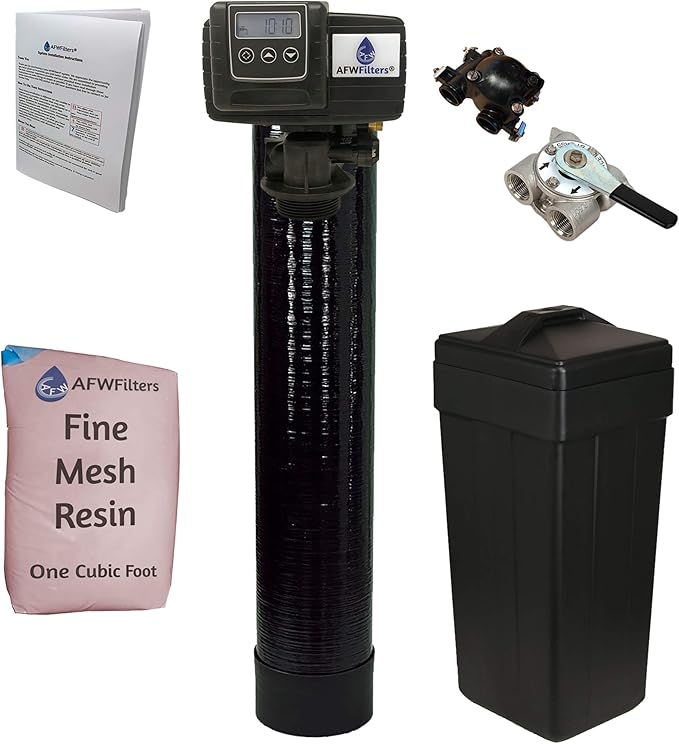 AFWFilters 1 Cubic Foot (32k) Whole Home Iron Pro Water Softener with Fine Mesh Resin, 3/4" Stainless Steel FNPT Connection, and Black Tanks