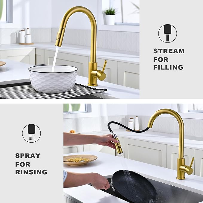 Tohlar Gold Kitchen Faucet with Pull Down Sprayer, Gold Kitchen Sink Faucet for 1 or 3 Hole, Modern Stainless Steel Sink Faucet with Deck Plate for Farmhouse Laundry Rv, Brushed Gold