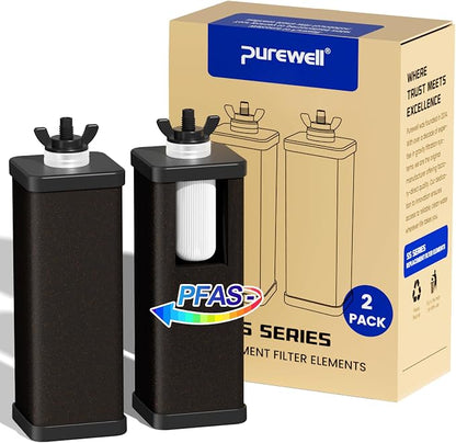 Purewell 4-Stage Composite Carbon Filter for Chlorine & PFAS Reduction, 2X Thick Walls, Up to 20,000 Gallons, Compatible with Berlkey, ProOne & Purewell Gravity Systems (2 Pack, SS Series, PF-6-PFAS)