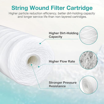 SimPure 10" x 4.5" String Wound Sediment Water Filter Cartridge for Well Water, 5 Micron Whole House Replacement Filter for Housing DB10P DB10C (20 Pack)