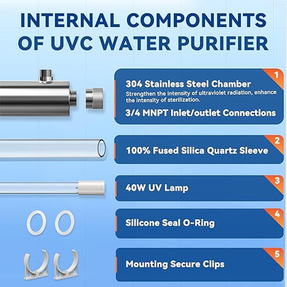 UV Water Filter Whole House, 3/4" MNPT Inlet/Outlet Water Purifier Filter System for Whole House Water Purification, 12GPM, 120V, +1 Extra Bulb