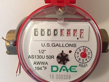 DAE AS130U-50RP 1/2" Hot Water Meter with Pulse Output, Measuring in Gallon + Couplings
