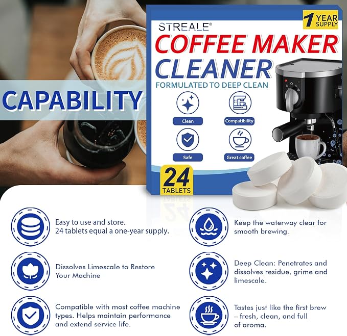 Coffee Machine Cleaner & Descaler Tablets - 24 Pack, Compatible with Nespresso, Keurig, Ninja, DeLonghi, Miele, Breville, Philips & All Major Brands, for Coffee Maker Pot, Espresso & Drip Machines