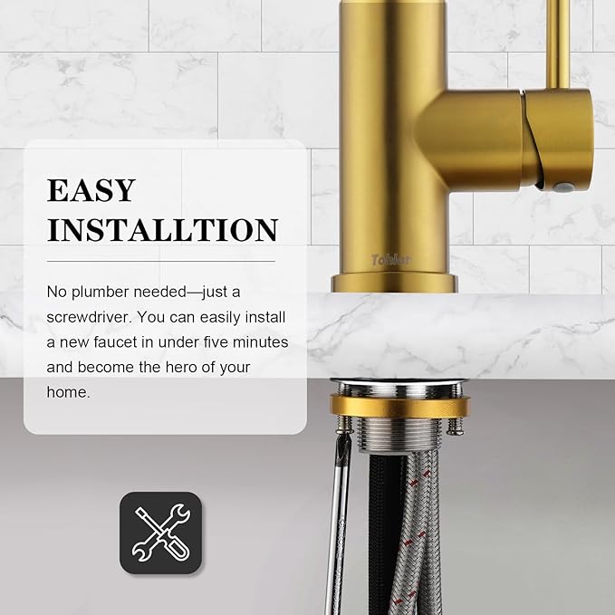 Tohlar Gold Kitchen Faucet with Pull Down Sprayer, Gold Kitchen Sink Faucet for 1 or 3 Hole, Modern Stainless Steel Sink Faucet with Deck Plate for Farmhouse Laundry Rv, Brushed Gold