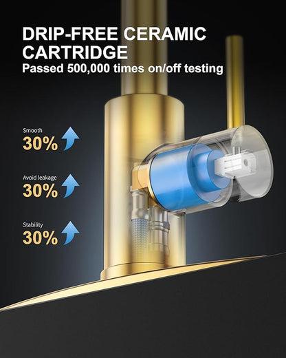 Kitchen Sink Faucet with Soap Dispenser: Brushed Gold Kitchen Faucets with Pull Down Sprayer - Stainless Steel Single Handle Kitchen Faucet with Deck Plate for Farmhouse RV Laundry
