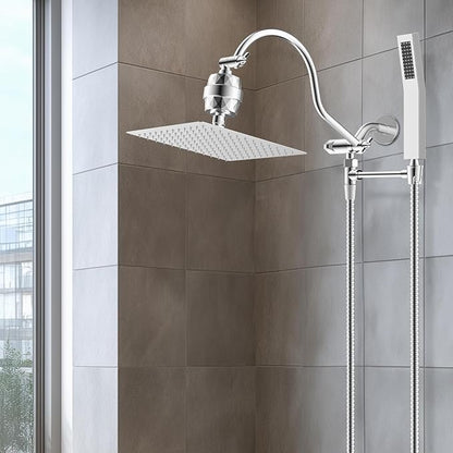 Hibbent All Metal 10'' Filtered Rainfall Shower Head Combo, High Pressure Handheld Shower Wand, 12'' Adjustable Curved Extension Arm, 20 Stage Shower Filter, 71'' Hose, Shower Head Holders, Chrome