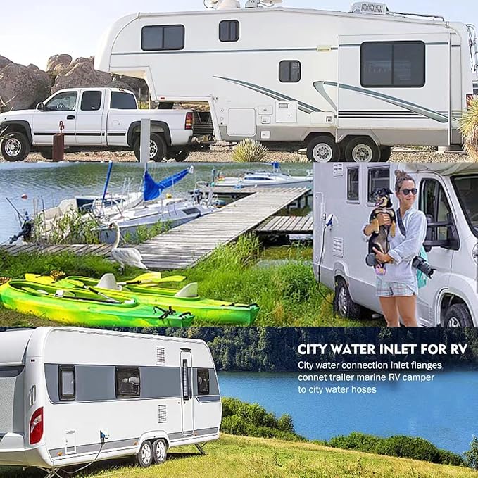 RV City Water Inlet with Check Valve, 3/4 NH Female to 1/2 NPT Male Black Flange RV Fresh Water Inlet, RV Water Inlet Replacement, RV Water Inlet with Dust Plug for RV Camper Motorhome, Black
