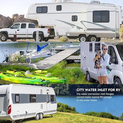 RV City Water Inlet With Check Valve, 3/4 NH Female to 1/2 NPT Male Flange Fresh Water Replacement, Dust Plug for Camper Motorhome, White