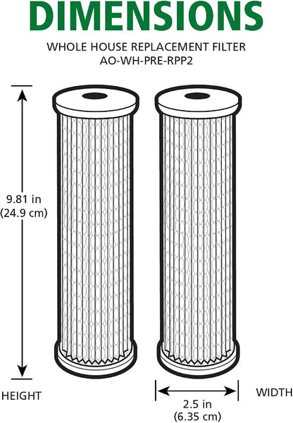 AO Smith 2.5"x10" 40 Micron Sediment Water Filter Replacement Cartridge - 2 Pack - NSF/ANSI 42 Certified - For Whole House Filtration Systems - AO-WH-PRE-RPP2