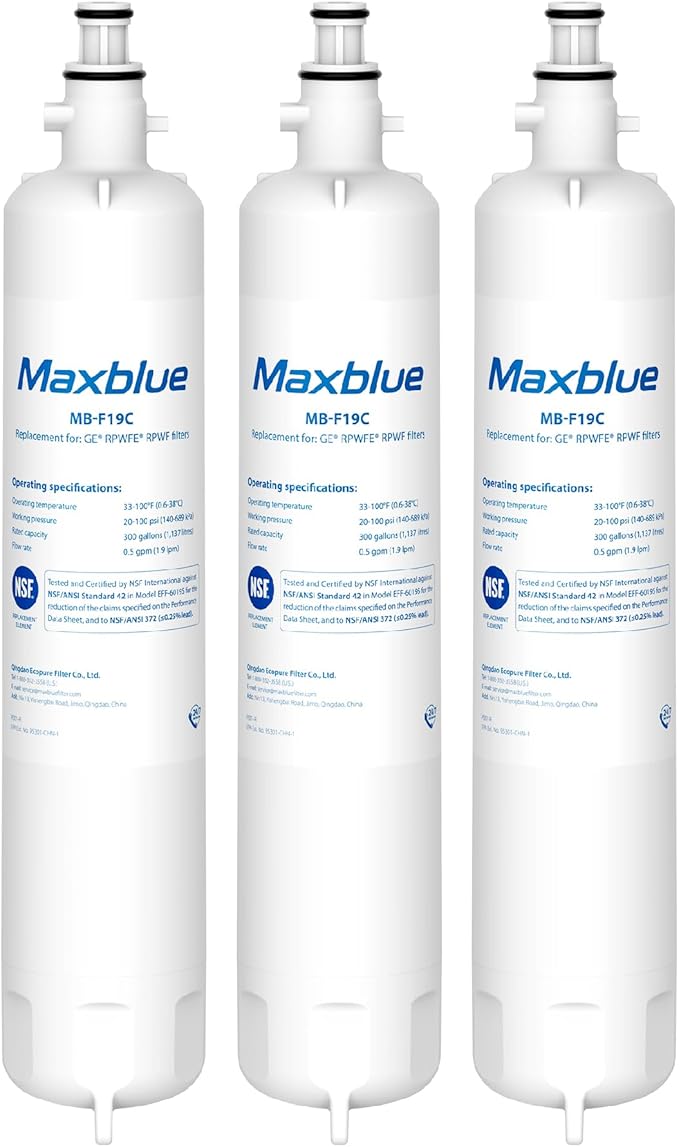 Maxblue MB-F19C Replacement for GE® RPWFE®, RPWF (with CHIP) Refrigerator Water Filter, Compatible with WSG-4, WF277, GFE28GMKES, PFE28KBLTS, GFD28GSLSS, PWE23KSKSS, GYE22HMKES, DFE28JSKSS, 3 Filters