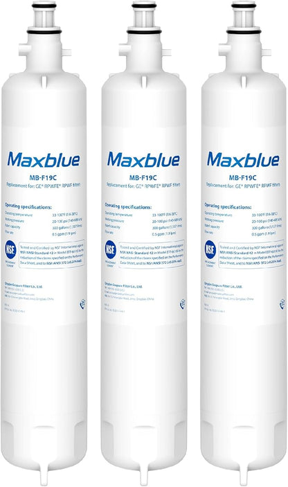 Maxblue MB-F19C Replacement for GE® RPWFE®, RPWF (with CHIP) Refrigerator Water Filter, Compatible with WSG-4, WF277, GFE28GMKES, PFE28KBLTS, GFD28GSLSS, PWE23KSKSS, GYE22HMKES, DFE28JSKSS, 3 Filters