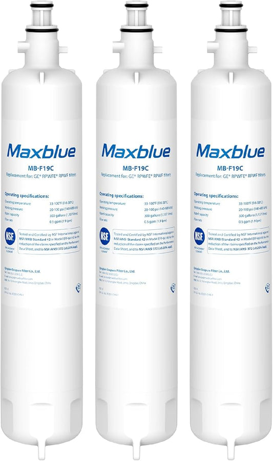 Maxblue MB-F19C Replacement for GE® RPWFE®, RPWF (with CHIP) Refrigerator Water Filter, Compatible with WSG-4, WF277, GFE28GMKES, PFE28KBLTS, GFD28GSLSS, PWE23KSKSS, GYE22HMKES, DFE28JSKSS, 3 Filters