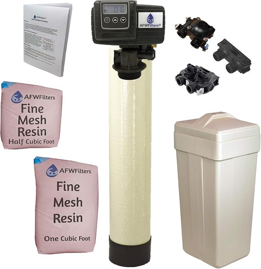 AFWFilters 1.5 Cubic Foot (48k) Whole Home Iron Pro Water Softener with Fine Mesh Resin, 3/4" Plastic MNPT Connection, and Almond Tanks