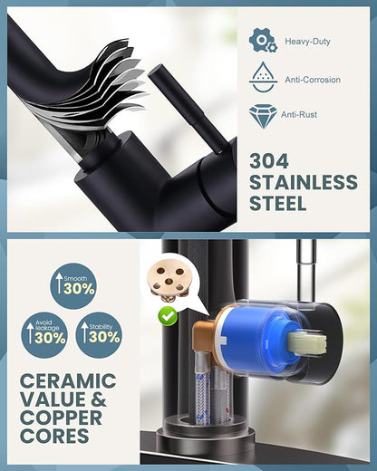 WOWOW Black Kitchen Faucet with Sprayer, Pull Down Kitchen Sink Faucet Lead-Free, Stainless Steel Single Handle Kitchen Faucets with Deck Plate, 360 Swivel High Arc Single Hole RV Kitchen Faucet