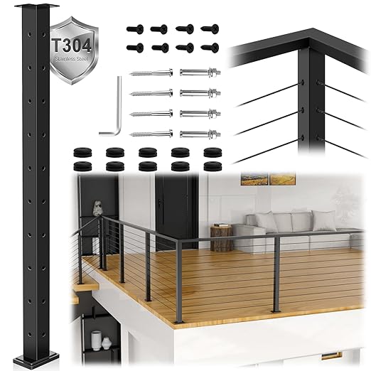 36" T304 L-drilled Cable Railing Corner Post(Post 35"x2"x2"), Wire Railing Post with Cable Grommets, Modular Fixed Top Mount Stainless Steel Black Finish Deck Staircase Post