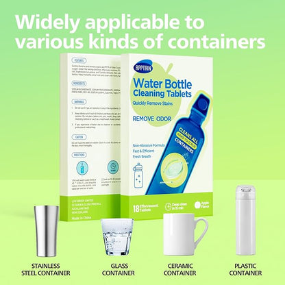 Water Bottle Cleaning Tablets, 18 Pack Bottle Clean Tablet Hydration Bladder Cleansing Tablets for Hydration Bladder, Water Bottle, Individually Packed, Apple Flavor