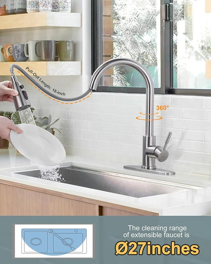 WOWOW Kitchen Faucet with Sprayer, Kitchen Sink Faucet, SUS 304 Stainless Steel, High Arc Single Handle Brushed Nickel Kitchen Faucets with Pull Down Sprayer, Pull Out Kitchen Faucet with Deck Plate