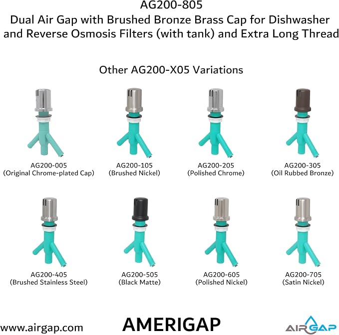 Dual Air Gap with Brushed Bronze Brass Cap for Dishwasher and Reverse Osmosis Filters (with tank) and Extra Long Thread (AG200-805, AG200-X05, AMERIGAP)