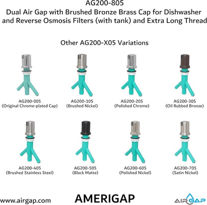 Dual Air Gap with Brushed Bronze Brass Cap for Dishwasher and Reverse Osmosis Filters (with tank) and Extra Long Thread (AG200-805, AG200-X05, AMERIGAP)