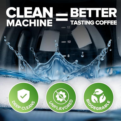Renuv® Coffee Maker Cleaner & Descaler Tablets, 12 Uses for Keurig, Ninja, Breville, Delonghi, Nespresso, Miele, Jura, Mr Coffee, Cuisinart Descaling Solution for Coffee Pot Maker & Espresso Machines