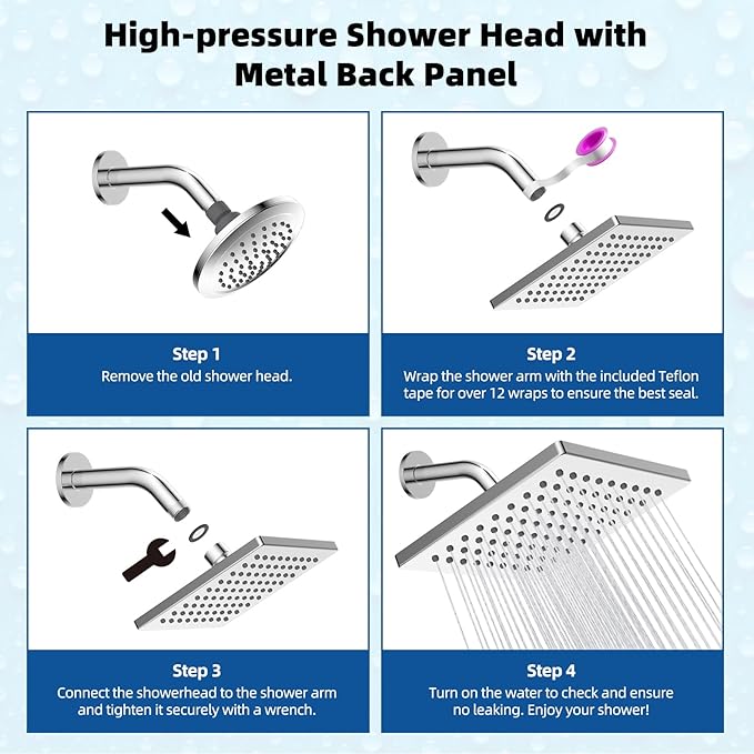 Hibbent cUPC Certified Thickness Metal Rain Shower Head, 6 Inch High Pressure Shower Head, Square Bathroom Waterfall Shower Heads, High Flow Fixed Showerheads with Adjustable Brass Ball Joint, Chrome