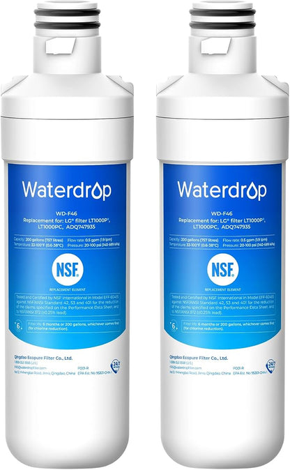 Waterdrop LT1000PC ADQ747935 MDJ64844601 Refrigerator Water Filter, 2 Pack | Replacement for LG® LT1000P®/PC/PCS, ADQ74793501, ADQ74793502, Kenmore® 46-9980, 9980, LFXC24796S, LSFXC2496D, LMXS28626S