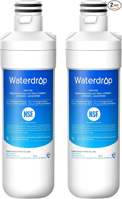 Waterdrop LT1000PC ADQ747935 MDJ64844601 Refrigerator Water Filter, Replacement for LG® LT1000P®, ADQ74793501, ADQ74793502, Kenmore 46-9980, 9980, Pack of 2