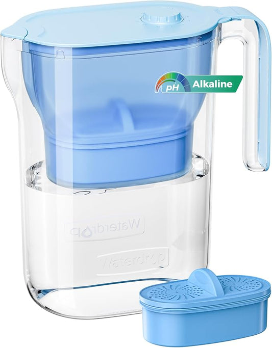 Waterdrop PT-05B-AL Alkaline Water Filter Pitcher, 7-Cup, Mineralized Alkaline Water, Healthy, Clean & Toxin-Free, Up to 100 Gallons, Up to pH 9.5, BPA-Free, for Fridge, Countertop & Gift, Blue | Mineralized Alkaline Water, Healthy, Clean & Toxin-Free,...