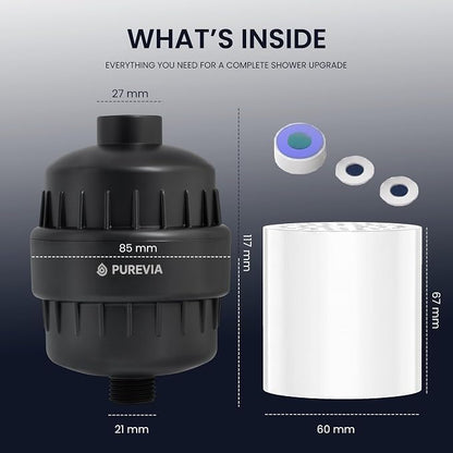 PUREVIA Shower Filter for Hard Water – Helps Reduce Chlorine & Common Water Impurities | High Pressure Water Filter | Universal Fit | Replaceable Cartridge | Easy 2-Minute Installation | Matte Black
