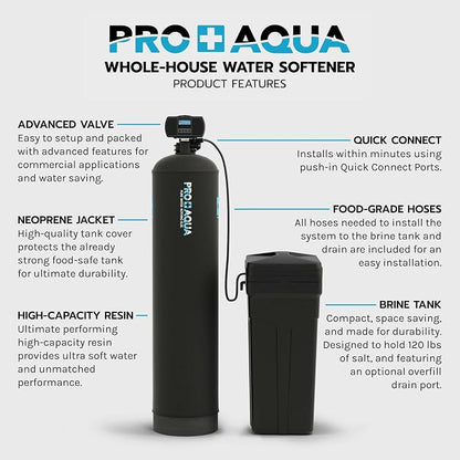 PRO+AQUA Heavy Duty Whole House Water Softener System – 55,000 Grain Capacity, Premium Long-Lasting Resin, 1" Ports