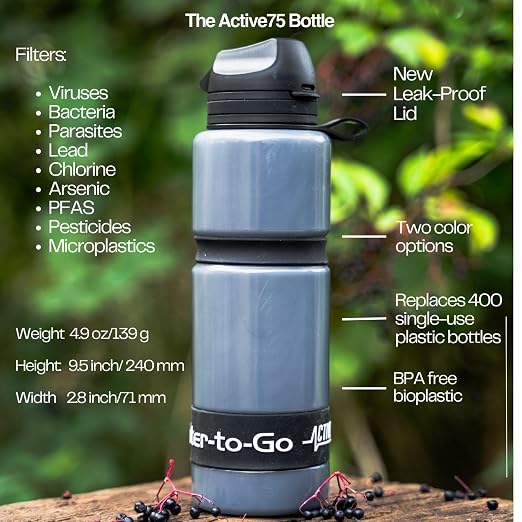 Water-to-Go Active Water Filter Bottle, 25oz/75cl | International Travel, Portable Purification, Eco-Friendly Bioplastic, New Leak-Proof Lid, Filters Viruses Most Bottles Miss