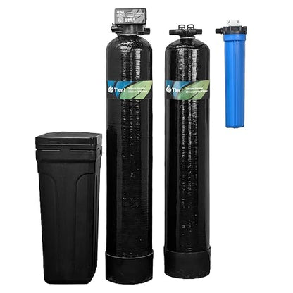 Tier1 48,000 Grain Water Softener & Chloramine Reduction Filter | Whole House 3-in-1 with Catalytic Carbon Filtration & Sediment Pre-Filter | Ideal for 3–4 Bathroom Homes | Metered Valve Control